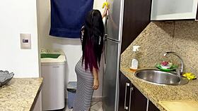 stepdaughter cleaning kitchen in sexy tight dress with big ass
