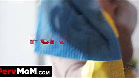 Curvy blonde MILF lifts her miniskirt, teasing her stepson with a deepthroat and facial reward.