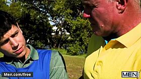 Tennis boy Kaleb Stryker receives rimjob and anal fucking from Dale Savage in bareback scene