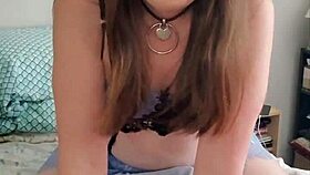 Brunette transsexual in crossdressing solo session riding a pillow