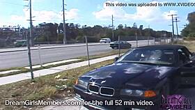 hot latina flashes her shaved pussy and fucks it with a huge glass dildo in the car