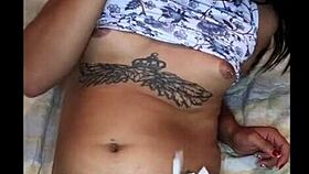 Shemale Strokes Girlydick Hard, Fingers Ass, Cums And Eats It!