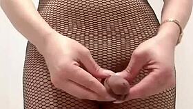 hot tranny masturbates big cock in lingerie, big ass on floor 😈