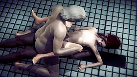 3d animation hs2 suggests intense gang bang action in hentai style