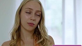 these blonde teen 18+s, kyler quinn and braylin bailey, kiss and lick in bedroom.