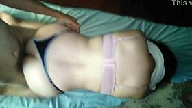 I slide her black thong aside and lift her white shirt, then fuck her doggy style.