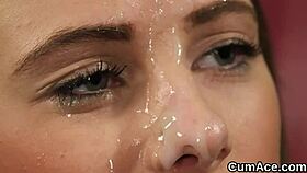 frisky babe receives cum load on her face while sucking all the spunk