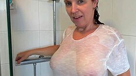 bettie hayward takes a steamy shower, showing off wet natural tits.