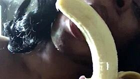 ebony milf gags on big cock deepthroat while sucking banana
