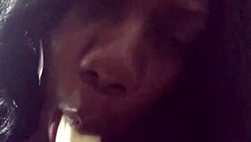 ebony milf gags on big cock deepthroat while sucking banana