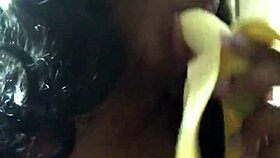 ebony milf gags on big cock deepthroat while sucking banana
