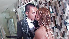 Shyla Stylez gets all oiled up, teasing solo with her big tits for fun.