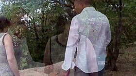 italian milf gets fucked outdoors in front of boyfriend and friends, ending with facial