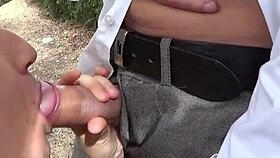 italian milf gets fucked outdoors in front of boyfriend and friends, ending with facial