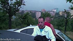 Public car window display for group outdoor event with tits and boobs