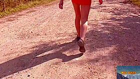 red black mix milf flashes shaved pussy on street