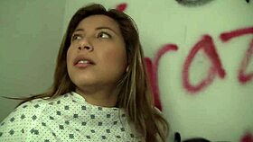 Messy blonde babe gives away a blowjob with a glory hole
