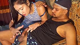 Wet fit roommate gets hard pussy fucking and creampie while boyfriend is away in homemade video