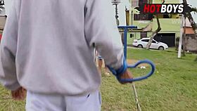 Young teen sucks big cocks in neighborhood threesome