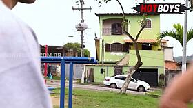 Young teen sucks big cocks in neighborhood threesome