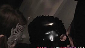 Shemale Sucked in Latex Threesome!