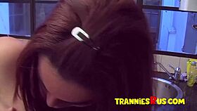 Long-haired brunette tgirl gets her ass fucked hard!