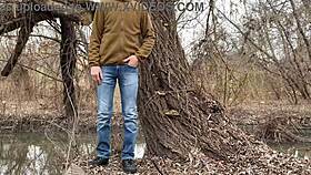 Squeezing my stepmother-in-law's fat ass in leather skirt before outdoor relief