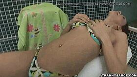 the tasty brunette shemale tugs her stiff dick solo