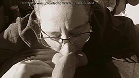 Nerd wipes cum on him after she sucks his cock in public 😈