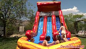 Lesbian Beauties Sharing Dildos Outdoors In Shaved Pussy Group Assfucking