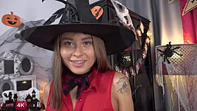 Skye Young bent over for Halloween fingering and cum in mouth.