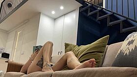 Dirty feet in tiny thong, teasing at home with legs