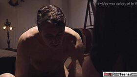 the hot brunette gets fucked doggystyle by her stepdad after a blowjob