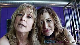 Parade of tattooed girls in BDSM threesome with friend and old woman