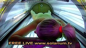 Blonde Teen 18+ Fingers Herself in Public Solarium Voyeur Scene