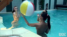 three stunning bombshells share one cock in the pool