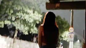 Brunette Amateur Bent Over In Doggystyle Voyeur Public Outdoor Handjob At Bus Stop