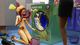 Two busty lesbians experiment with double dildo in public store