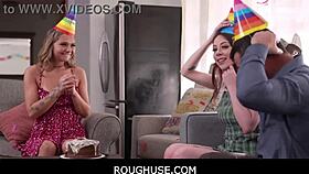 Teen fucked by stepbro and stepsis on bday 😈