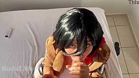Blonde Cosplay Mikasa Blows And Rides Monster Cock