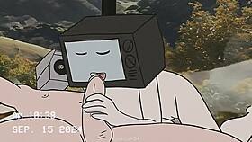 TV woman and cameraman sex animation in the toilet