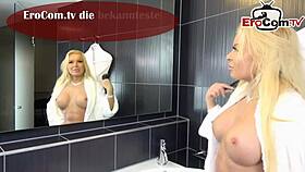 German blonde housewife fingers herself during casting audition.