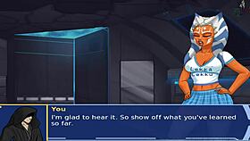 in star wars cosplay, the orange trainer slave gets a blowjob and cumshot in this hentai scene