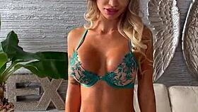 Russian pornstar Monika Fox poses in lingerie with pierced nipples and tattoos during backstage pornshoot