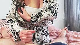 Amateur Woman Orgasms on His Leg with Handjob and Wet Pussy