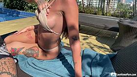 Pool babe picked up for blowjob, licking, and riding big ass