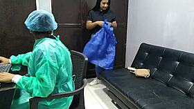 Horny gynecologist licks my shaved pussy during routine checkup