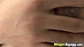 Small tits ladyboy jerks off her dick 😏