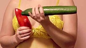 Watch this brunette fuck her hairy asshole with vegetables in the kitchen, gaping booty on display.