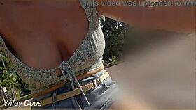 Wife flashes her big tits while riding bike nude in public streets